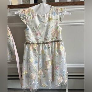 Girls White Floral Embroidered Party Dress with Pastel Accents